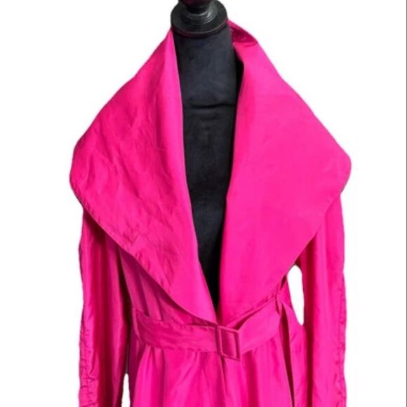 Vintage 1980s fuchsia Barbie pink trench coat convertible collar Belted Size L - Picture 4 of 7